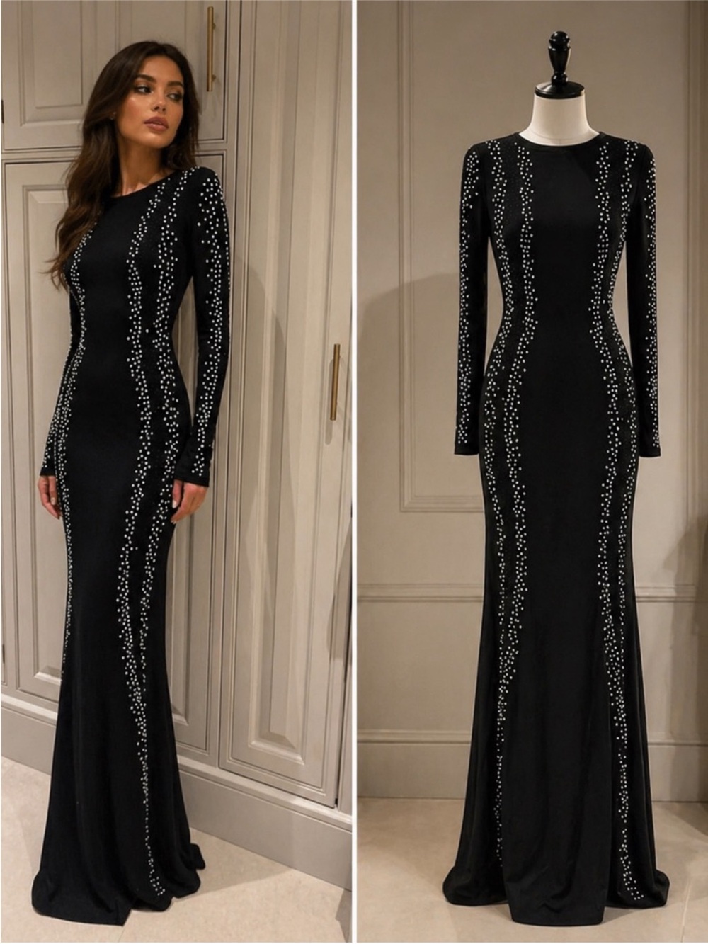 Black Long-Sleeve Embellished Maxi Dress